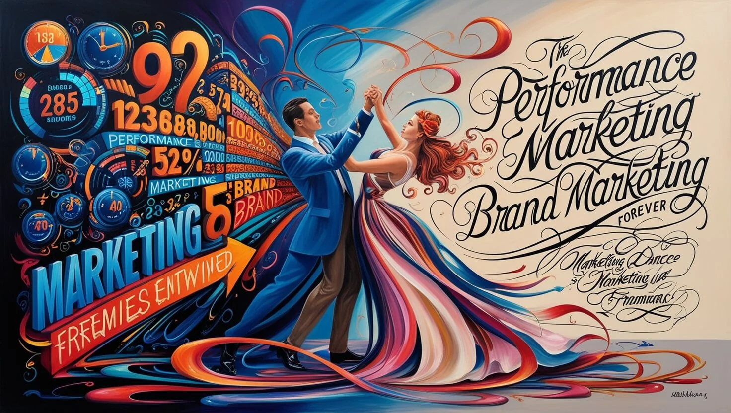 An artistic representation of performance and brand marketing, blending bold numbers and elegant script to show their intertwined, yet contrasting, approaches